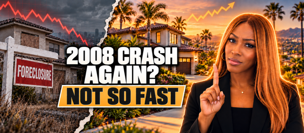 Donna Brown raises one finger beside a 2008 foreclosure-versus-today Orange County housing market comparison with the headline: 2008 crash again? Not so fast.