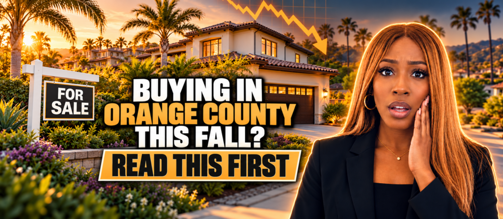 Donna Brown looks concerned beside an Orange County home with the headline: Buying in Orange County this fall? Read this first.